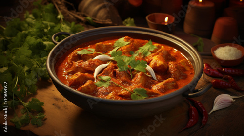 A bowl of spicy and flavorful chicken vindaloo, a popular dish in Indian cuisine