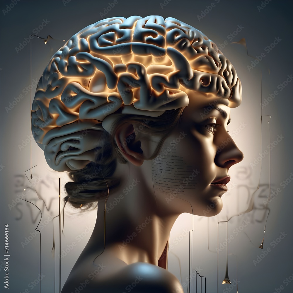 Obraz premium Human head with brain. AI generated art