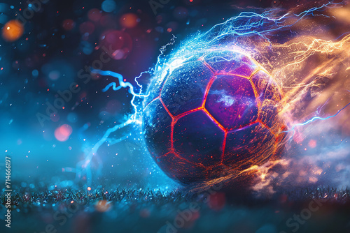 soccer ball with flames and lightning flying like a comet on night sky, blue and orange background photo