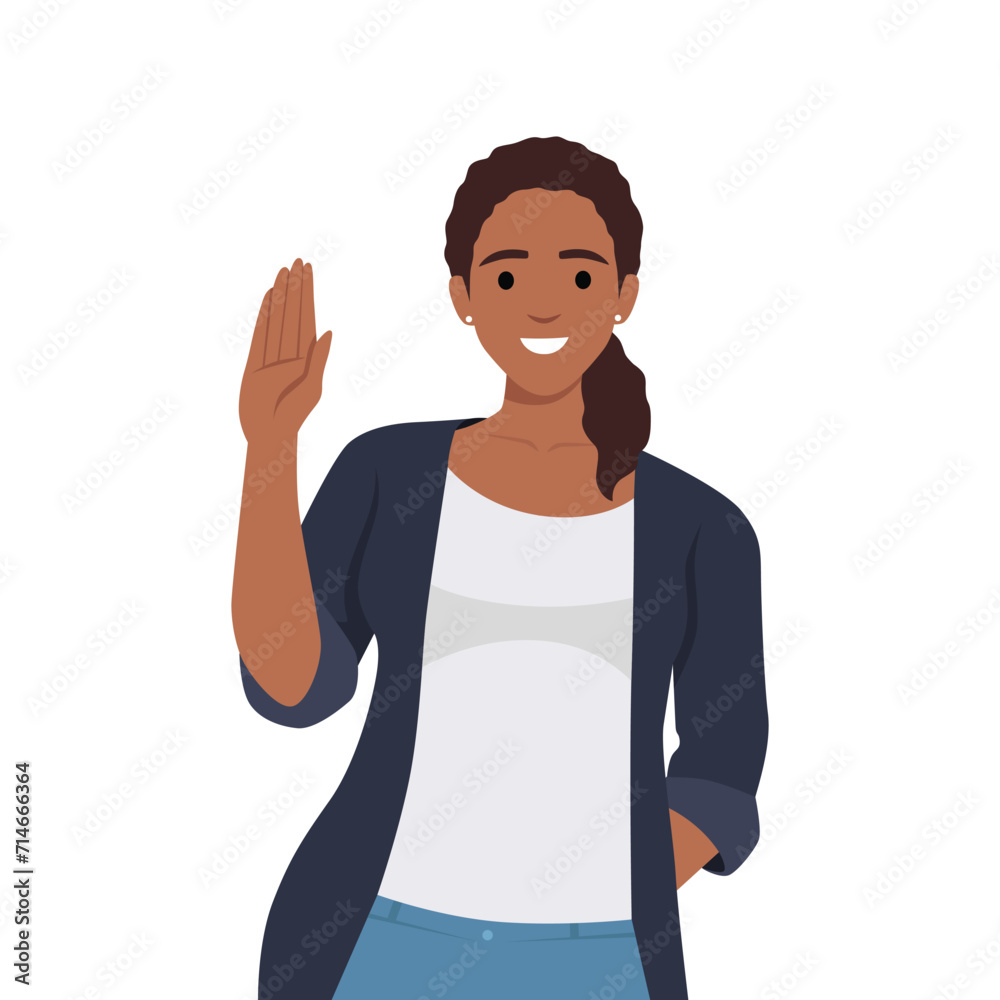 young good looking woman doing greet pose and say hi. Flat vector illustration isolated on white background young good looking woman doing greet pose and say hi. Flat vector illustration isolated on white background