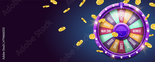 Wheel of fortune with golden coins. Spinning lucky roulette. Vector illustration.