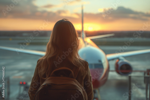 Young girl is watching plane flying from airport