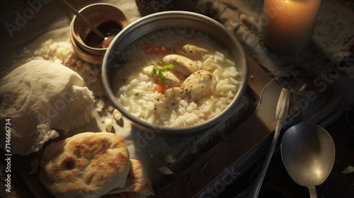 A bowl of comforting and fragrant chicken and rice soup, a perfect choice for breaking the fast during Ramadan