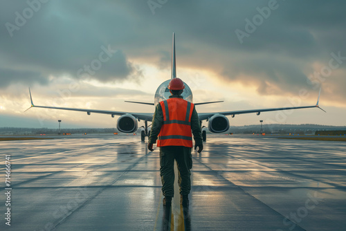 aviation marshaller supervisor near aircraft air traffic controller airline worker in signal vest professional airport staff photo