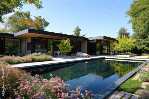 a modern minimalist house with a big flowers garden and a pool © Kien