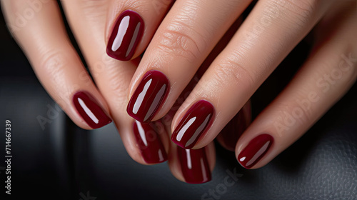  Close-up of woman fingers with beautiful burgundy color manicure. Pastel color nail manicure with gel polish at luxury beauty salon. 