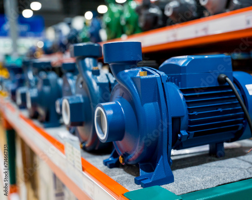 Industrial water pump with electric motor for community on a store shelf