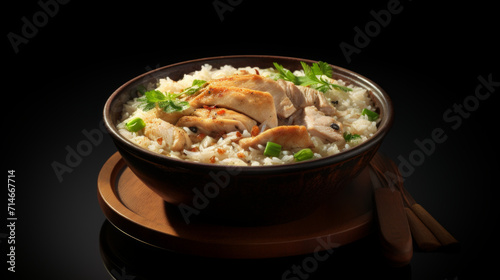 A comforting bowl of chicken and rice porridge, a popular suhoor (pre-dawn meal) option during Ramadhan