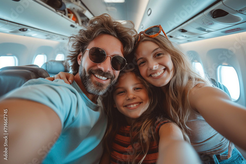 Happy cute couple taking a selfie photo with a smart mobile phone boarding a plane,Cheerful tourist inside the plane about to take off,Travel lifestyle concept © boyhey