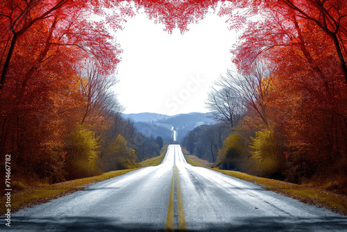 road at sunset with heart shapes leaves
