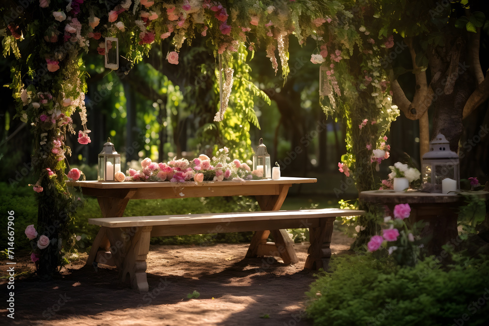 Obraz premium Romantic garden with floral decoration and banch