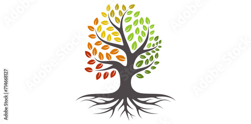 Colorful Tree With Roots Isolated On White Background, Abstract Tree Vector Illustration.