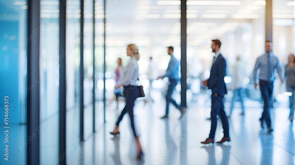 businessmen walking in blurred motion in modern office space.