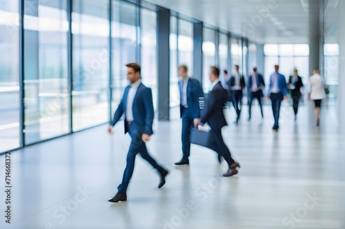 businessmen walking in blurred motion in modern office space.