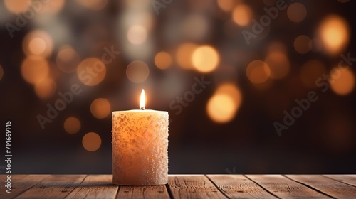 A brightly burning orange candle with a small flame and bokeh effect background. generative AI