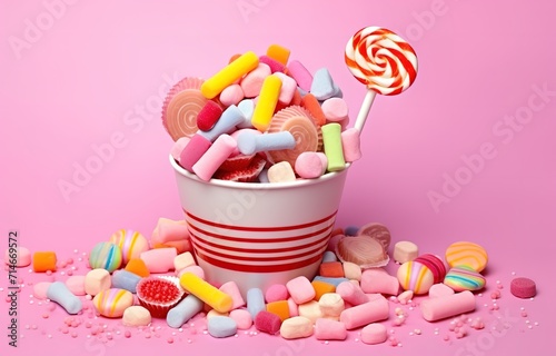 A pile of sweet, colorful candies in a cup in the photo in front of a pink background. generative AI