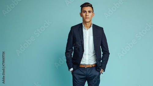 Full length portrait of young handsome southeast Asian millenial businessman looking at camera on light blue studio background