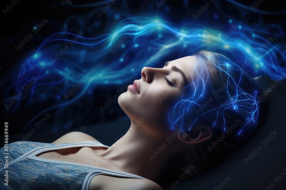 Brain sleep relaxation, mindful meditation brain waves. Affirmations and positive mindset promote brain health. Listening to brainwave patterns with headphones for better sleep and mental well being. - obrazy, fototapety, plakaty 