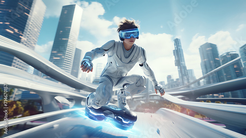 A silver hoverboard racing through a futuristic city.