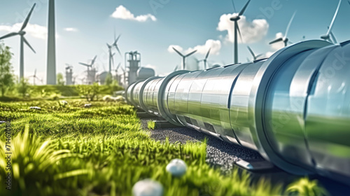  A hydrogen pipeline with wind turbines and in the background. Green hydrogen production concept