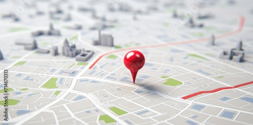 Red geolocation marker on the map in 3D style. Navigation system. Pin photo