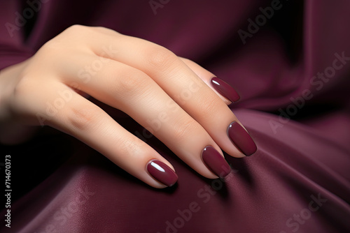  Close-up of woman fingers with beautiful burgundy color manicure. Pastel color nail manicure with gel polish at luxury beauty salon. 