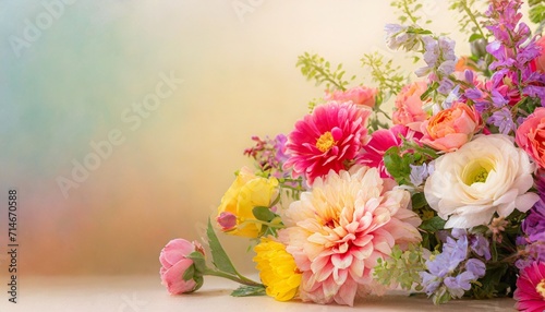 spring floral composition made of fresh colorful flowers on light pastel background festive flower concept with copy space