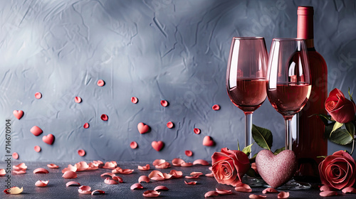 two glasses of champagne and red rose on wall background #714670904