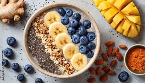 Superfood smoothie bowl with fruits, chia flax, bee pollen granola, and coconut flakes overhead view