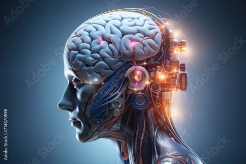 Robotic Cyborg cybernetic brain anatomy 3D x-ray mind scan. Health medicine scientific skull AI smart brain chip. Technology aids abstract neurology intelligence, MRI scan. Roboter thinking organ