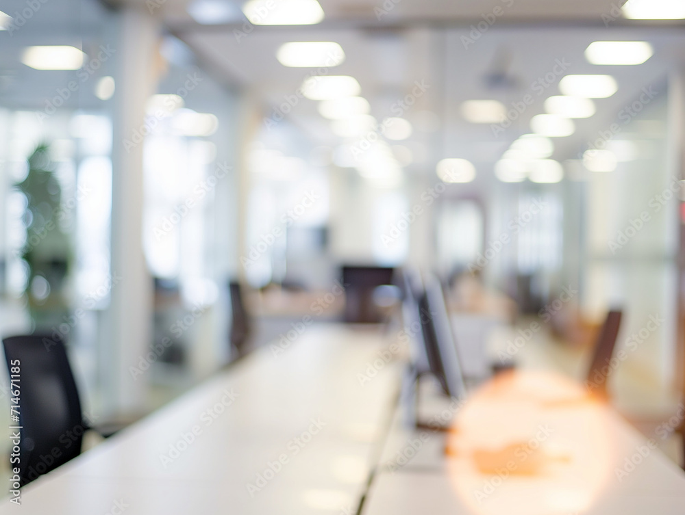 Fototapeta premium Blurred interior of a modern office with a conference table, chairs, and bright overhead lighting, creating a clean, professional atmosphere.