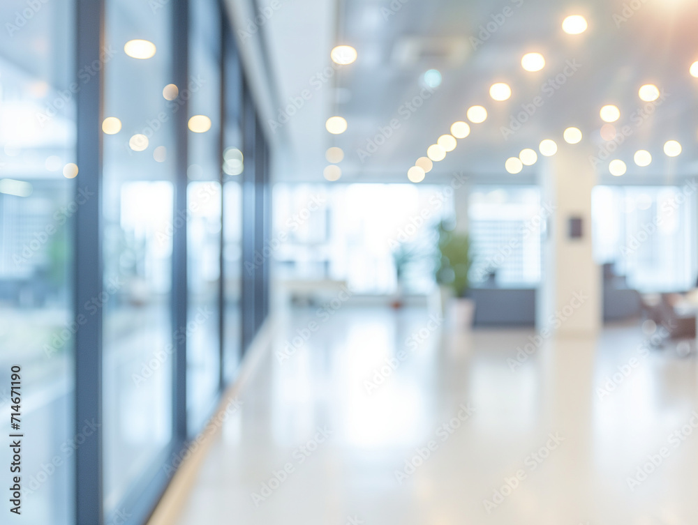 Blurred interior of a modern office with a conference table, chairs, and bright overhead lighting, creating a clean, professional atmosphere.