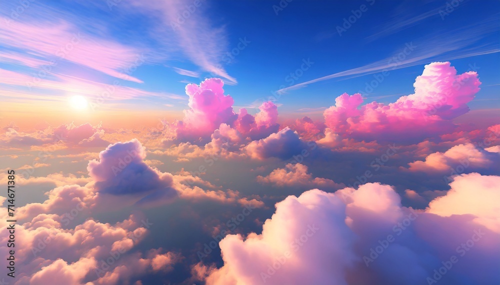 beautiful aerial view above clouds at sunset beautiful cloudscape with blue sky and pink clouds 3d illustration generated ai