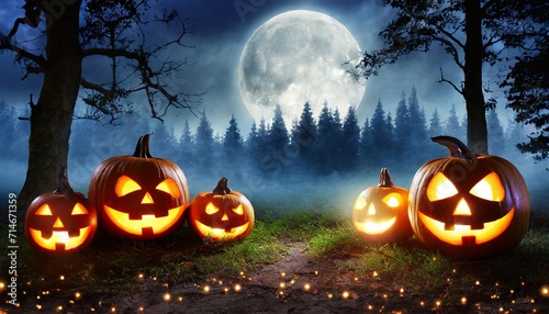jack or lanterns glowing at moonlight in front of spooky forest
