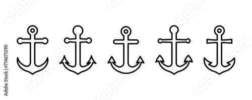 Set of line marine anchor vector icons. Black nautical linear anchor. Vector 10 Eps.