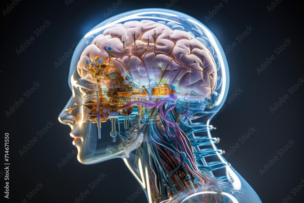 Cyborg brain, technology AI robotic cybernetic, neural augmentation 3d mind head skull x-ray with BCI and neuroprosthetics. Augmented cognition implant driven neurotechnology leads to neuroenhancement Cyborg brain, technology AI robotic cybernetic, neural augmentation 3d mind head skull x-ray with BCI and neuroprosthetics. Augmented cognition implant driven neurotechnology leads to neuroenhancement
