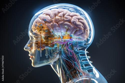 Cyborg brain, technology AI robotic cybernetic, neural augmentation 3d mind head skull x-ray with BCI and neuroprosthetics. Augmented cognition implant driven neurotechnology leads to neuroenhancement