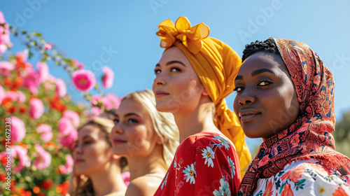 Empowered Diverse Women Celebrating International Women's Day in Sunny, Floral Setting