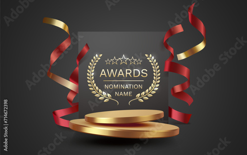 Awards nomination name podium, golden prize event, scene star ceremony. Vector illustration photo