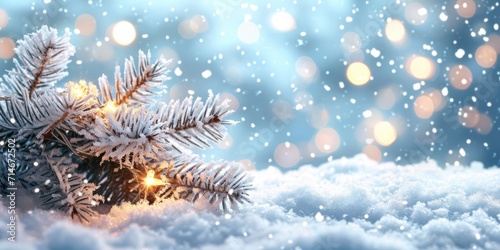 christmas snow and fir tree, blurred snowy background