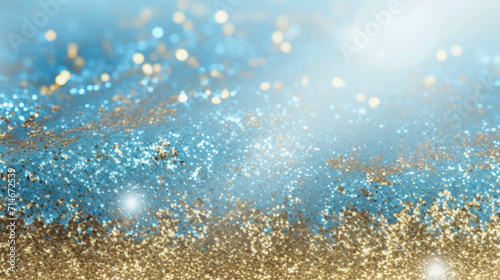 Festive gradient blue background with bright golden particles, round glowing flying confetti and bokeh. Illustration for greeting card, carnival, holiday, celebration. Copy space.