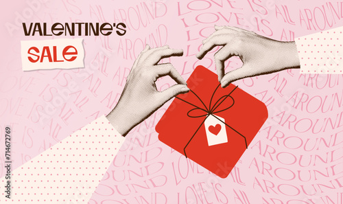 Vintage banner for Valentine's day sale. Halftone hands opening red gift box. Collage with cut out symbols of Valentine's day. Vector illustration with typography.