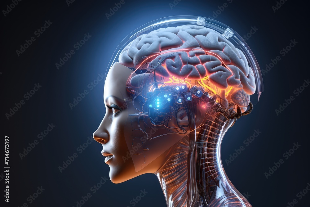 Cyborg Roboter woman, innovative electric brain chip. Smart 3D MRI and X-ray Axon scans anatomy intelligent mind. Neurology AI driven technology chips, neurons robotic artificial intelligence.