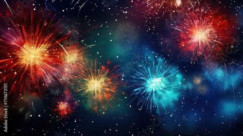 Big explosions of blue  yellow  red and pink fireworks on a black background.