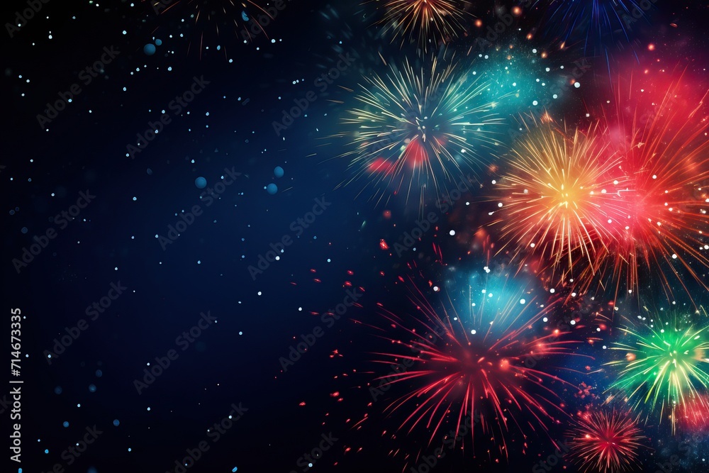 Big explosions of blue, yellow, red and pink fireworks on a black background.