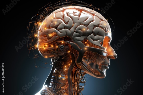 Cyborg Roboter woman, innovative electric brain chip. Smart 3D MRI and X-ray Axon scans anatomy intelligent mind. Neurology AI driven technology chips, neurons robotic artificial intelligence.