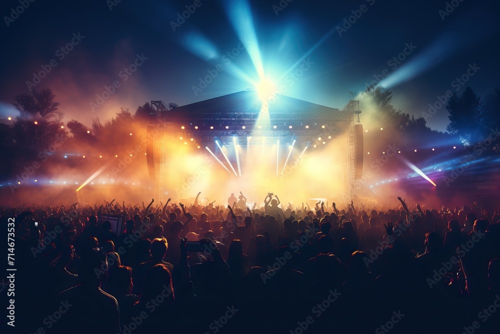 Light effects at a concert, light music at a disco. Crowds of people raised their hands at the festival