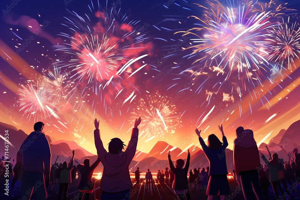 Crowds of people raised their hands at the festival. Silhouettes of people watching fireworks at night. Crowds of people raised their hands at the festival. Silhouettes of people watching fireworks at night.