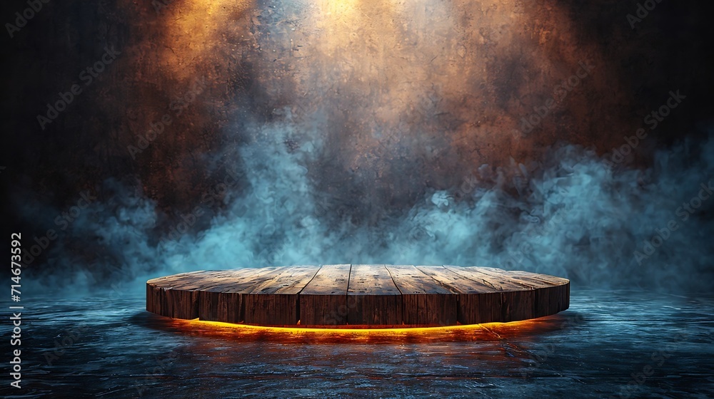 The empty wooden cylinder shape of product display Podium, Stand for showing or design blank backdrop dark abstract wall with smoke float up. Platform illuminated by spotlights : Generative AI - obrazy, fototapety, plakaty 