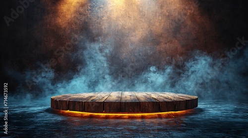 The empty wooden cylinder shape of product display Podium, Stand for showing or design blank backdrop dark abstract wall with smoke float up. Platform illuminated by spotlights : Generative AI photo